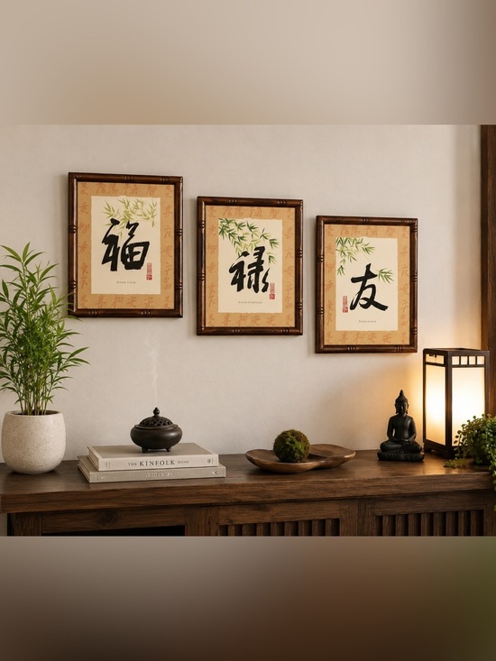 Other - Asian Calligraphy Wall Art Set of 3 Framed Prints | Good Fortune Friendship